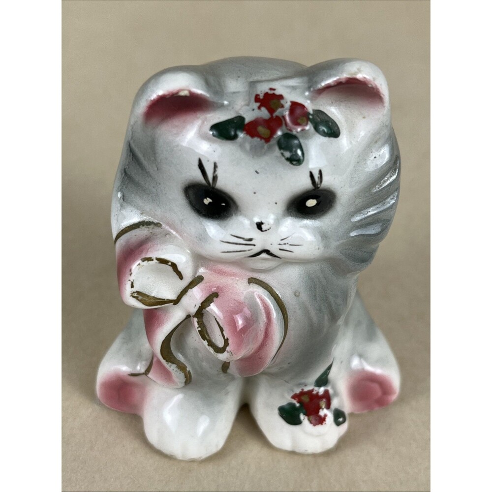 Vintage Ceramic Seated Kitty Cat w/ Pink Bow One of Fluff & Puff Figurine Japan - Picture 1 of 6